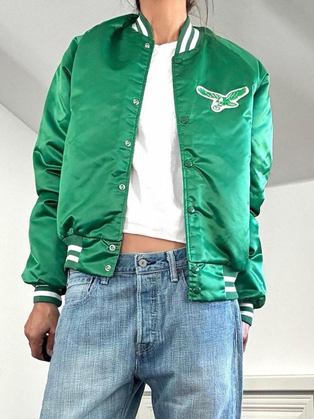 vintage 1989 chalk line philadelphia eagles satin bomber jacket size -small
